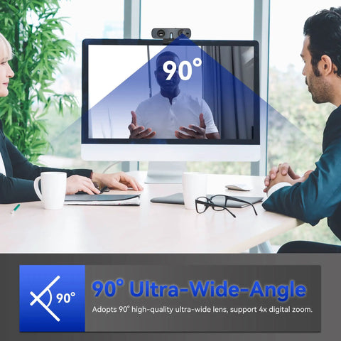 Premium 2K Webcam With Built In Speaker And Noise Canceling Mic, Straight Up Crisp Video For PC, Zoom, Teams And Streaming, Privacy Shutter, Rapid Autofocus And Low Light Setup with 90° ultra-wide angle lens in office setting.