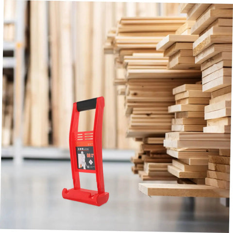 Heavy Duty Plasterboard Lifter With Non Slip Handles For Easy Drywall And Plywood Panel Handling Plus Ergonomic Design To Save Your Back From Labor next to stacked wooden panels
