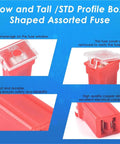 Detailed view of a 304 Piece Car Fuse Assortment Kit with standard small mini carblade fuses showing clear amperage, copper alloy.