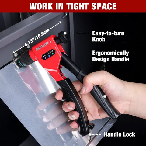 8 Inch Rivet Nut Gun Kit For Tight Spaces With 3 Mandrels 8-32 10-24 1/4-20 And 3 Drill Bits in use on metal surface