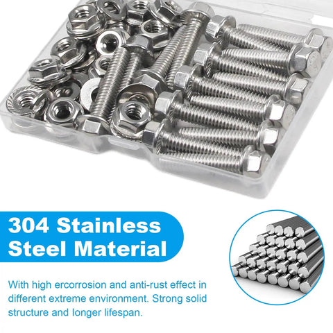 15 Set 1/4-20 X 1-1/4 Inch Flanged Hex Head Bolt And Nut Kit Built Tough With Genuine 304 Stainless Steel in clear storage box.