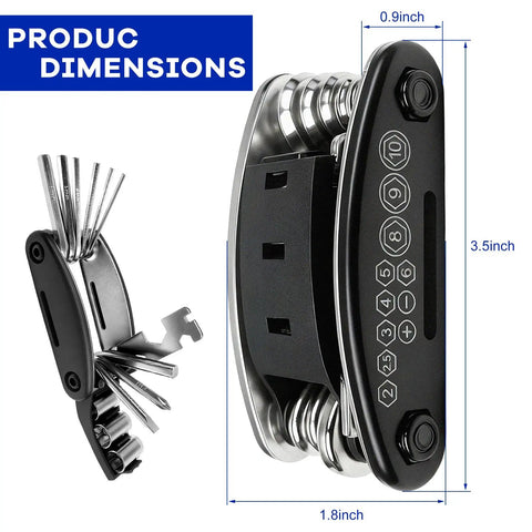 16-In-1 Motorcycle And Bike Repair Tool Kit With Foldable Multitool, dimensions highlighted, hex wrenches visible