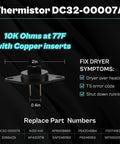 Thermistor DC32-00007A 2-inch diameter 0.4-inch thick copper insert for fixing dryer symptoms and compatibility details.