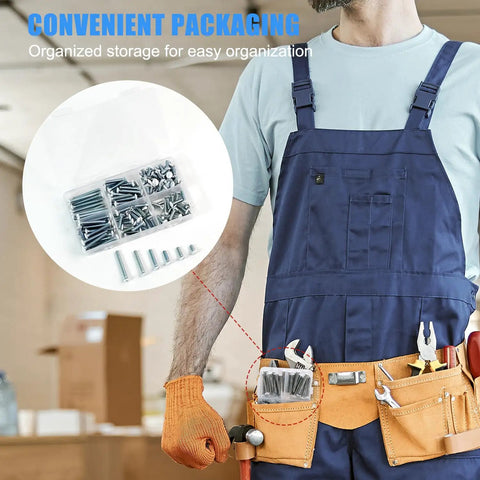 130 Pack White Outlet Screws Set For Wall Plates And Switch Plates stored in organizer, person wearing tool belt in background