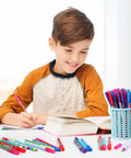 Child using 48 Pieces Science Pens Bulk Set With 12 Designs Black Ink 0.5mm Ballpoint Pens for studying in vibrant colors.