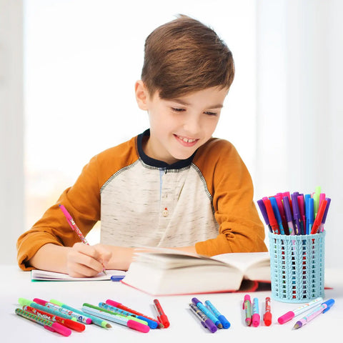Child using 48 Pieces Science Pens Bulk Set With 12 Designs Black Ink 0.5mm Ballpoint Pens for studying in vibrant colors.