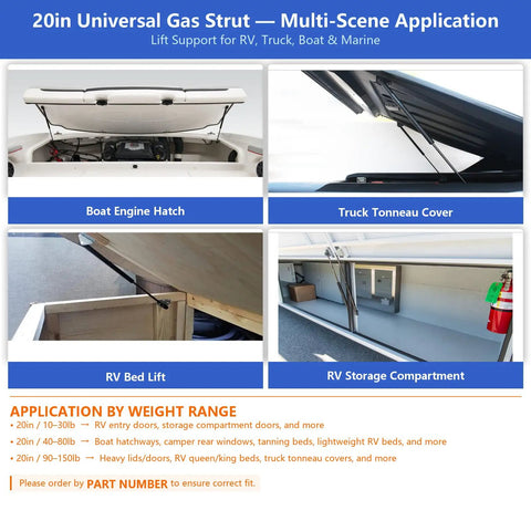 20 Inch Gas Strut Assembly With 30 Pound Lift Force for Boat Engine Hatch and Truck Tonneau Cover Multi-Scene Application