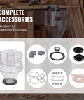 Top Shelf Cyclone Dust Separator With Slick Clear Lid And 4 Inch Adapter For Shop Vacuums Fits 5 To 10 Gallon Tanks Delivering Heavy Duty 99 Point 6 Percent Capture, including accessories and connectors.