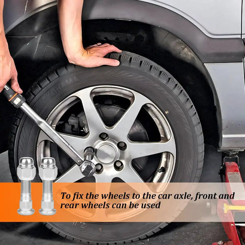 Mechanic using 8 Piece M12x1.25 Wheel Hub Bolt Stud And Nut Set For Cars Steel Chrome Lug Kit on car wheel