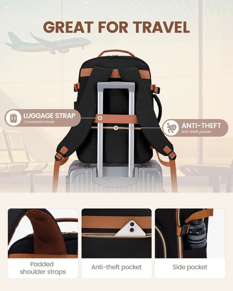 40L Go-To Travel Backpack For Women And Men, Airline Approved Carry-On showing back view with luggage strap and anti-theft pocket.
