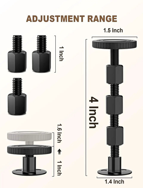 Adjustable Threaded Bed Frame Stabilizer Anti Shaker Headboard Wedge Knocks That Creak Out Bolting Gear To Wall Heavy Duty Squeak Stopper Fix Sleep Setup Four Pack showing adjustment range with dimensions.