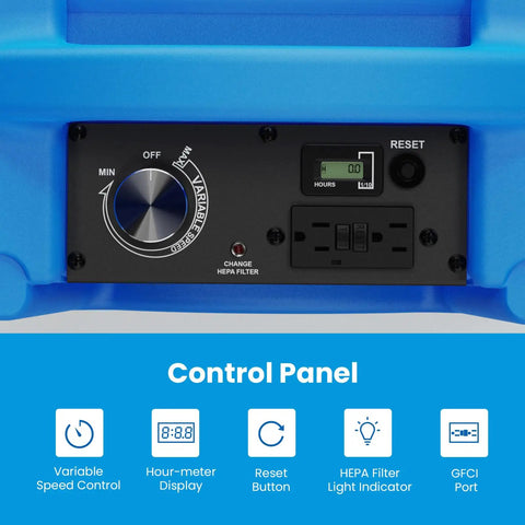 Control panel of Shield-550 Air Scrubber 550 CFM With 3-Stage Filtration, showing speed dial, hour display, and reset button.