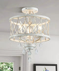Straight Up Stunning Three Light Semi Flush Mount Crystal Ceiling Light Fixture In Vintage Rustic White Finish For Farmhouse Hallway Kitchen Entryway Bedroom Or Living Room, showing crystal accents and white iron details.
