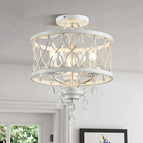 Straight Up Stunning Three Light Semi Flush Mount Crystal Ceiling Light Fixture In Vintage Rustic White Finish For Farmhouse Hallway Kitchen Entryway Bedroom Or Living Room, showing crystal accents and white iron details.