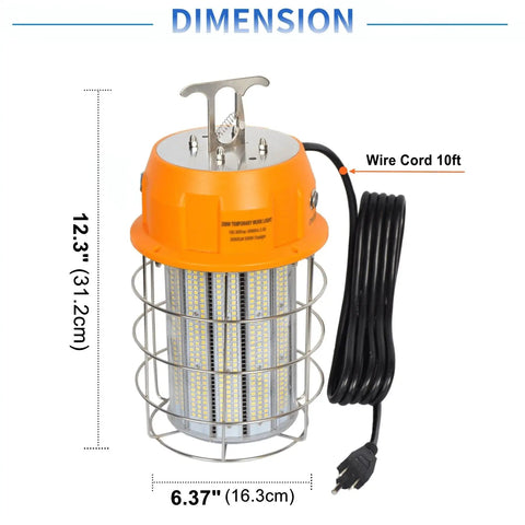 250W LED Temporary Work Light For Indoor Mine And Job Sites with 5000K daylight, 35,000 lumens, stainless steel shield, built in hook