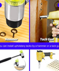 Top Shelf Heavy Duty Upholstery Tacks For Sofa And Furniture 400 Piece Pack displayed with hammer and tack gun for installation.