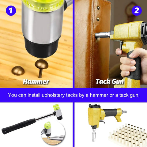 Top Shelf Heavy Duty Upholstery Tacks For Sofa And Furniture 400 Piece Pack displayed with hammer and tack gun for installation.