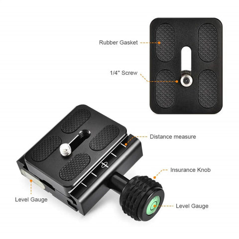 Arca Swiss Quick Release Plate Adapter Set In Lightweight Aluminum With Built In Bubble Level And Dual Screw Holes Three Eighths Inch And One Quarter Inch Fits Manfrotto DSLR Tripods Heads Monopods And Gimbals with highlighted features.