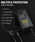 Straight Up Fast 54.6V 2A Ebike Charger For 48V Lithium Battery showing multiple safety protections including IP65 waterproof design.