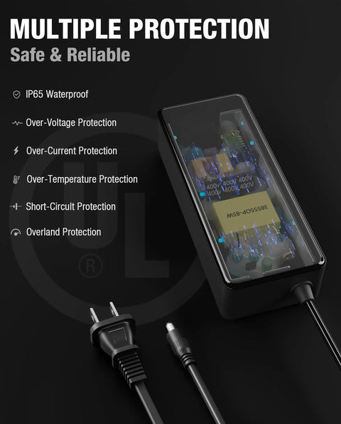 Straight Up Fast 54.6V 2A Ebike Charger For 48V Lithium Battery showing multiple safety protections including IP65 waterproof design.