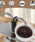 Heavy Duty 2 Cup Dual Pipe Moka Pot Crafted From Thickened 304 Stainless Steel Using Fully Uncoated Inner Walls For Rock Solid Extraction pouring coffee