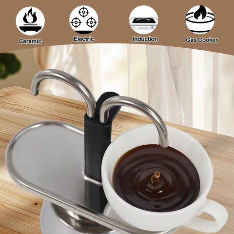 Heavy Duty 2 Cup Dual Pipe Moka Pot Crafted From Thickened 304 Stainless Steel Using Fully Uncoated Inner Walls For Rock Solid Extraction pouring coffee