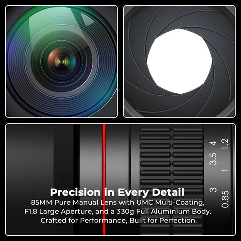 Close-up of 85mm F1.8 Portrait Manual Focus Lens For EF/EF-S Mount DSLRs No Autofocus Creamy Bokeh, showing aperture and focus ring.