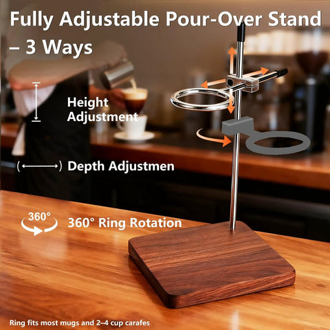 Premium Sturdy North American Black Walnut Pour Over Coffee Maker Stand showing adjustable features on kitchen counter.