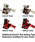 Four Scotch packing tape dispensers (H180/H183/HR80/HR83) for 2-3 in tape; gray and red.
