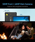 Hardcore Rugged Tablet With 10.95 Inch Screen Running Android 15 Packing 20 GB Ram And 256 GB Storage showing 32MP and 64MP cameras.