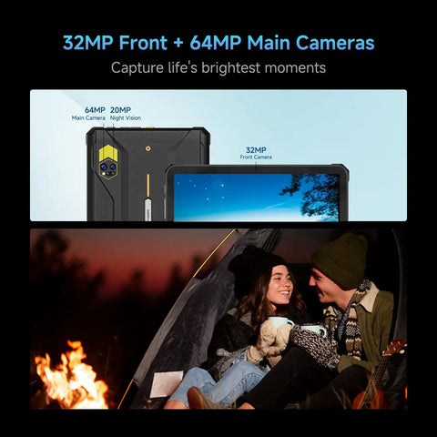 Hardcore Rugged Tablet With 10.95 Inch Screen Running Android 15 Packing 20 GB Ram And 256 GB Storage showing 32MP and 64MP cameras.