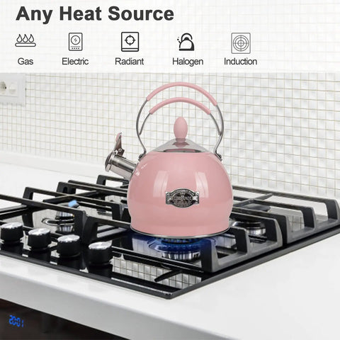 Stainless Steel Whistling Tea Kettle for Stovetop and Induction, 2.6 Quart Teakettle on gas burner, pink finish, ergonomic handle