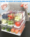 10 Pack Fridge Organizer Bins With Lids, Stackable Refrigerator Storage Containers For Produce, Fruit And Veggies, Clear Plastic Bins For Food And Drinks, Space Saving Kitchen Organizer stacked with fruits and vegetables