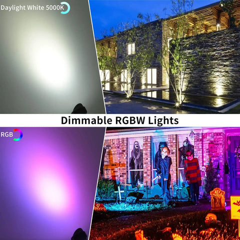 Remote Control RGBW LED Flood Light For Outdoor Vibes 96W Color Changing Garden Spotlight IP65 Waterproof Yard Patio Lighting 15 Colors Plus 5000K White 30 Degree Beam Indoor Outdoor Decor Lamp illuminating house and yard.