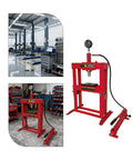 Beefy 10 Ton Welded H Frame Shop Press With Adjustable Crossbeam And 12 Inch Stroke with manual pump in garage workshop