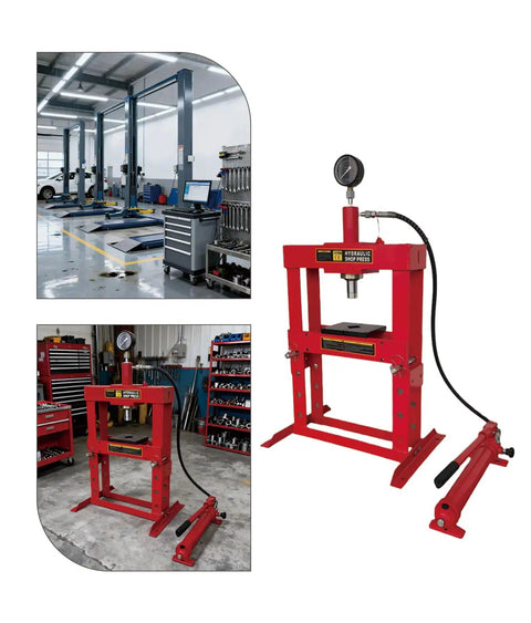 Beefy 10 Ton Welded H Frame Shop Press With Adjustable Crossbeam And 12 Inch Stroke with manual pump in garage workshop