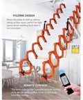 Heavy Duty Electric Attic Ladder With Smart Remote Pull Down Folding Staircase in a home setting with folding design and remote control.