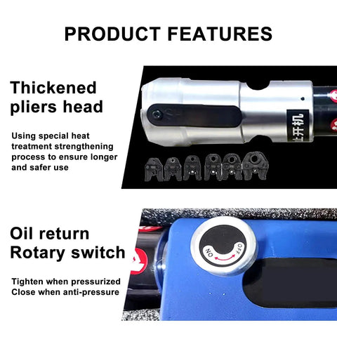 Close-up of Heavy Duty Electric Tube Pressing Machine With Rechargeable Battery showing thickened pliers head and oil return rotary switch.