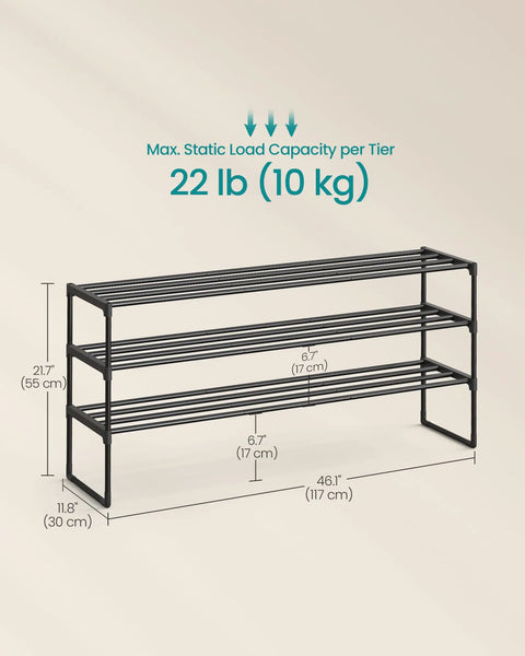 Diagram of 3 Tier Metal Shoe Rack Organizer For Entryway Space Saving Stackable And Flexible Use Upright Or Upside Down Fits 20 To 24 Pairs Large 11.8 Inches By 46.1 Inches By 21.7 Inches Black with dimensions and weight capacity shown.