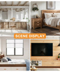 Scene display of furniture featuring beech wood elements, including cabinet, bed, and TV console with modern design.