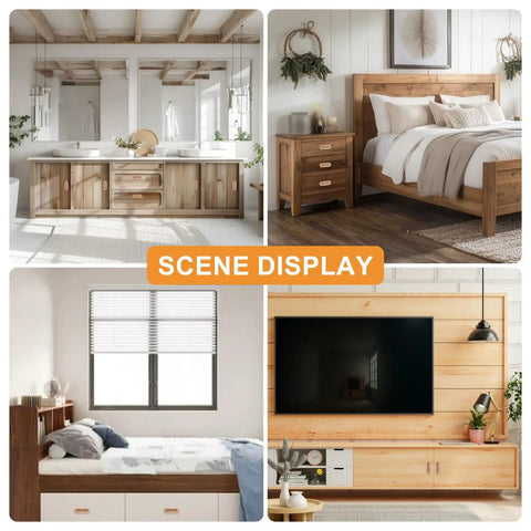 Scene display of furniture featuring beech wood elements, including cabinet, bed, and TV console with modern design.