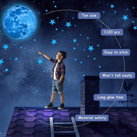 Child on rooftop pointing at glowing ceiling stickers, part of Glow In The Dark Star And Moon Stickers Kit With 1120 Pieces For Ceiling Decor.