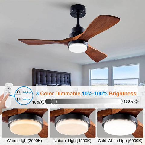 Lit 42 Inch Black Ceiling Fan With Remote And Lights Dimmable LED Quiet Reversible DC Motor Memory Function installed in bedroom.