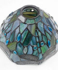 Close-up of stained glass shade from Sea Blue Tiffany Style Dragonfly Stained Glass Desk Lamp With Metal Leaf Base Reading Light For Bedside And Home Office 8x10x21 Inch UL Listed Easy On Off Cord Switch Cozy Decorative Lighting Perfect For Small Spaces