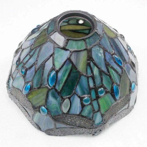 Close-up of stained glass shade from Sea Blue Tiffany Style Dragonfly Stained Glass Desk Lamp With Metal Leaf Base Reading Light For Bedside And Home Office 8x10x21 Inch UL Listed Easy On Off Cord Switch Cozy Decorative Lighting Perfect For Small Spaces