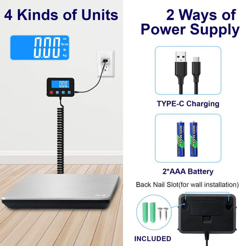 Digital Shipping Postal Scale 0.5 Oz Precision, 440 Lb Capacity For Packages, dual power supply options shown