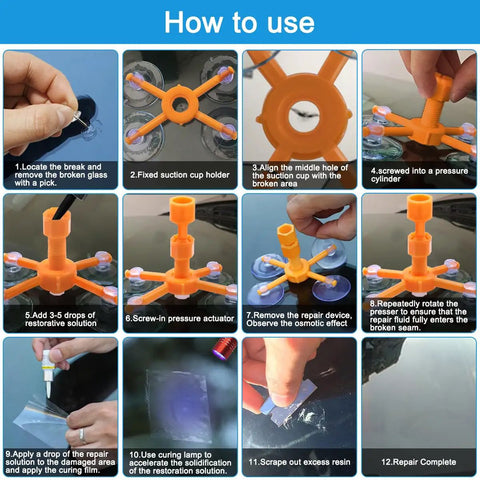 Step-by-step guide for using Upgraded Windshield Repair Kit for Chips and Cracks, Quick Fix DIY Star Shaped Crack Repair