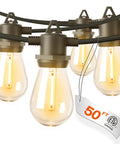 50Ft Outdoor String Lights With 27 Edison Dimmable LED Bulbs Weatherproof And Shatterproof For Patio Balcony Garden