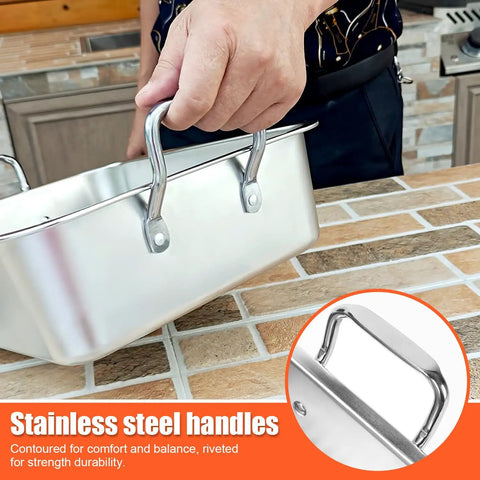 Man holding Nonstick 15 Inch Stainless Steel Roasting Pan With V Rack And Cooling Rack, highlighting sturdy riveted handle design.