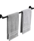 Two towels hanging on a Matte Black Stainless Steel Towel Bar For Bathroom 25 Inch Wall Mounted Hand Towel Holder Heavy Duty Rustproof SUS304 Finish
